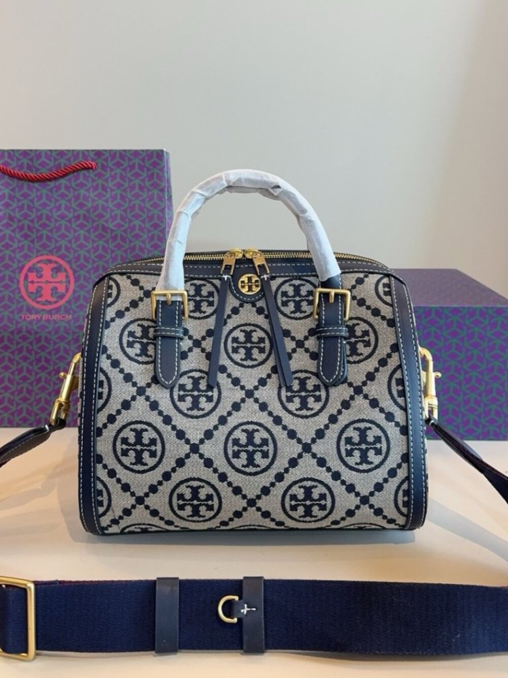 Tory Burch Monogram Jacquard Boston Satchel Bag